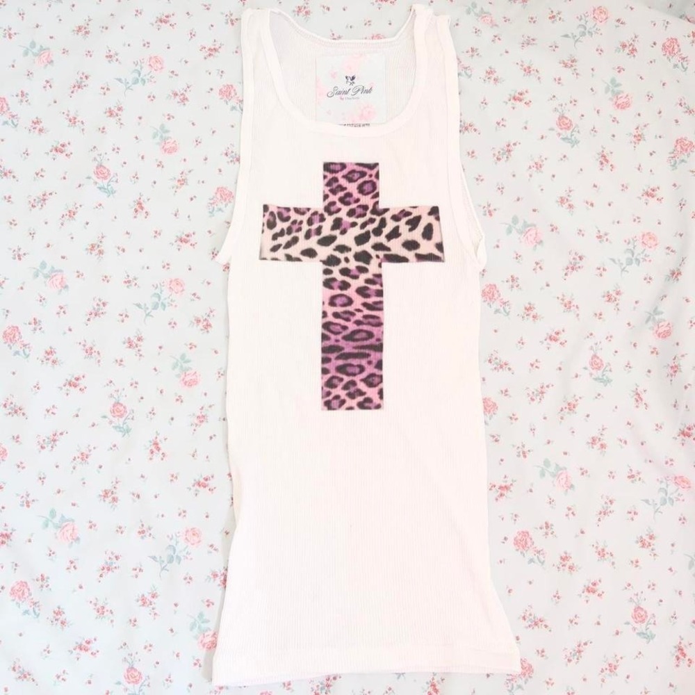 y2k pink leopard cross tank white ribbed baby tee